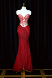 Ndyad Sweetheart Mermaid Long Prom Dresses Beaded Tulle Evening Dresses Burgundy Formal Dresses HZ1024
