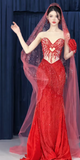 Ndyad Sweetheart Mermaid Long Prom Dresses Beaded Tulle Evening Dresses Burgundy Formal Dresses HZ1024
