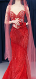 Ndyad Sweetheart Mermaid Long Prom Dresses Beaded Tulle Evening Dresses Burgundy Formal Dresses HZ1024