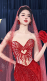 Ndyad Sweetheart Mermaid Long Prom Dresses Beaded Tulle Evening Dresses Burgundy Formal Dresses HZ1024