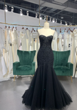 Ndyad Sweetheart Neck Mermaid Long Prom Dresses, Tulle Beaded Evening Dresses, Black Formal Dresses HZ1024