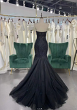 Ndyad Sweetheart Neck Mermaid Long Prom Dresses, Tulle Beaded Evening Dresses, Black Formal Dresses HZ1024