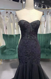 Ndyad Sweetheart Neck Mermaid Long Prom Dresses, Tulle Beaded Evening Dresses, Black Formal Dresses HZ1024