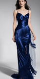 Ndyad Spaghetti Strap Sheath Long Prom Dresses Satin Navy Blue Evening Dresses HZ1024