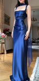 Ndyad Square Neck Sheath Long Prom Dresses, Satin Navy Blue Formal Dresses HZ1024