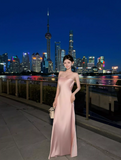 Ndyad Strapless Sheath Long Prom Dresses, Satin Pink Formal Dresses HZ1024