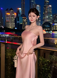 Ndyad Strapless Sheath Long Prom Dresses, Satin Pink Formal Dresses HZ1024