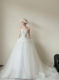 Ndyad Strapless Ball Gown Simple Lace Tulle Wedding Dresses White Bridal Gowns HZ1024