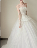 Ndyad Strapless Ball Gown Simple Lace Tulle Wedding Dresses White Bridal Gowns HZ1024