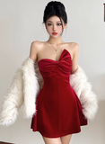 Ndyad Velvet Birthday Dresses Strapless Hoco Dresses Short Burgundy New Year's Eve Dresses HZ1024