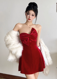 Ndyad Velvet Birthday Dresses Strapless Hoco Dresses Short Burgundy New Year's Eve Dresses HZ1024