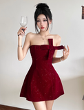 Ndyad Birthday Dresses Strapless Hoco Dresses Short Burgundy Christmas New Year Evening Dresses HZ1024