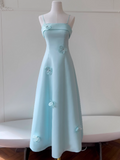 Ndyad Spaghetti Straps A-Line Long Prom Dresses Pale Blue Long Formal Dresses HZ1024