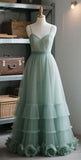 Ndyad Spaghetti Straps Tulle A-Line Long Prom Dresses Light Green Quinceanera Dresses HZ1024