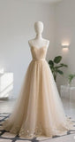 Ndyad Spaghetti Strap Tulle A-Line Prom Dresses Champagne Long Formal Dresses HZ1024