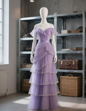 Ndyad Off-the-shoulder Tulle Sheath Prom Dresses Purple Long Formal Dresses HZ1024