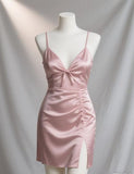 Ndyad Spaghetti Strap Sheath Short Prom Dresses Satin Pink Hoco Dresses HZ1024