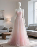 Ndyad Spaghetti Strap A-line Long Prom Dresses Tulle Pink Formal Dresses HZ1024