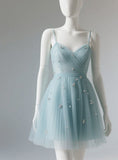 Ndyad Spaghetti Strap A-line Short Prom Dresses Tulle Green Hoco Dresses HZ1024