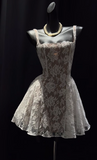Ndyad A-Line White Hoco Dresses Lace Square Neck Short Prom Dresses HZ1024
