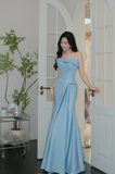 Ndyad Strapless Mermaid Prom Dresses, Satin Blue Long Formal Dresses HZ1024
