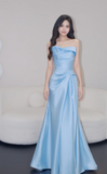 Ndyad Strapless Mermaid Prom Dresses, Satin Blue Long Formal Dresses HZ1024