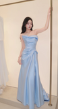 Ndyad Strapless Mermaid Prom Dresses, Satin Blue Long Formal Dresses HZ1024