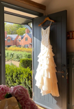 Ndyad Spaghetti Strap Sheath Long Prom Dresses, Chiffon Beaded Ivory Evening Dresses HZ1024