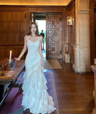 Ndyad Spaghetti Strap Sheath Long Prom Dresses, Chiffon Beaded Ivory Evening Dresses HZ1024
