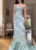Ndyad Spaghetti Strap Sheath Long Prom Dresses, Applique Satin Green Formal Dresses HZ1024