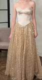 Ndyad Strapless Sheath Long Prom Dresses, Sparkly Sequined Tulle Gold Evening Dresses HZ1024