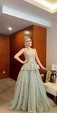 Ndyad V-neck A-Line Wedding Guest Dresses with Appliques Tulle Green Evening Dresses HZ1024