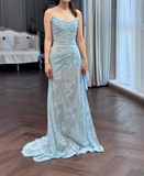 Ndyad Strapless Sheath Long Prom Dresses with Appliques, Lace Blue Formal Dresses HZ1024