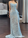 Ndyad Strapless Sheath Long Prom Dresses with Appliques, Lace Blue Formal Dresses HZ1024