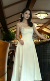 Ndyad Spaghetti Straps A-Line Tea Prom Dresses, Satin Pale Yellow Formal Dresses HZ1024