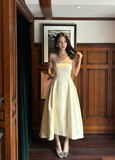 Ndyad Spaghetti Straps A-Line Tea Prom Dresses, Satin Pale Yellow Formal Dresses HZ1024