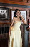 Ndyad Spaghetti Straps A-Line Tea Prom Dresses, Satin Pale Yellow Formal Dresses HZ1024