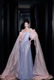 Ndyad Strapless Sheath Long Prom Dresses, Tulle Grey Blue Formal Dresses HZ1024