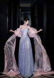 Ndyad Strapless Sheath Long Prom Dresses, Tulle Grey Blue Formal Dresses HZ1024