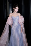 Ndyad Strapless Sheath Long Prom Dresses, Tulle Grey Blue Formal Dresses HZ1024