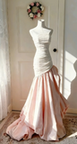 Ndyad Strapless Mermaid Long Prom Dresses, Pleated Taffeta Pink Evening Gowns HZ1024