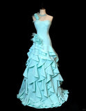 Ndyad One Shoulder A-Line Long Prom Dresses, Tiered Chiffon Blue Evening Gowns HZ1024