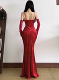 Ndyad Mermaid Long Prom Dresses, Burgundy Formal Dresses Velvet Spaghetti Strap New Year's Eve Dress HZ1024