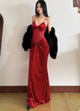 Ndyad Mermaid Long Prom Dresses, Burgundy Formal Dresses Velvet Spaghetti Strap New Year's Eve Dress HZ1024