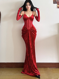 Ndyad Mermaid Long Prom Dresses, Burgundy Formal Dresses Velvet Spaghetti Strap New Year's Eve Dress HZ1024
