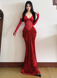 Ndyad Mermaid Long Prom Dresses, Burgundy Formal Dresses Velvet Spaghetti Strap New Year's Eve Dress HZ1024