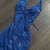 Ndyad Halter Mermaid Long Prom Dresses, Beaded Chiffon Blue Formal Dresses HZ1024