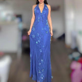 Ndyad Halter Mermaid Long Prom Dresses, Beaded Chiffon Blue Formal Dresses HZ1024