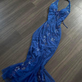 Ndyad Halter Mermaid Long Prom Dresses, Beaded Chiffon Blue Formal Dresses HZ1024