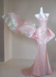 Ndyad Halter Mermaid Long Prom Dresses, Tulle Rhinestone Pink Birthday Dresses HZ1024